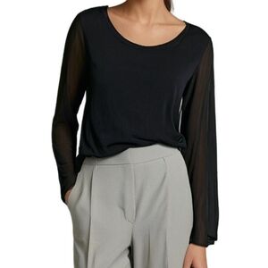 Angela Mara Top High Low Hem Silk Underlay Black Long Sleeve Women's size Medium